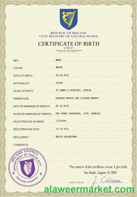 Ireland vital record birth certificate PSD template